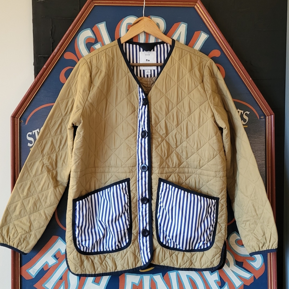 🦞 Green Quilted Jacket with Striped Pockets Fishermans Jacket New England